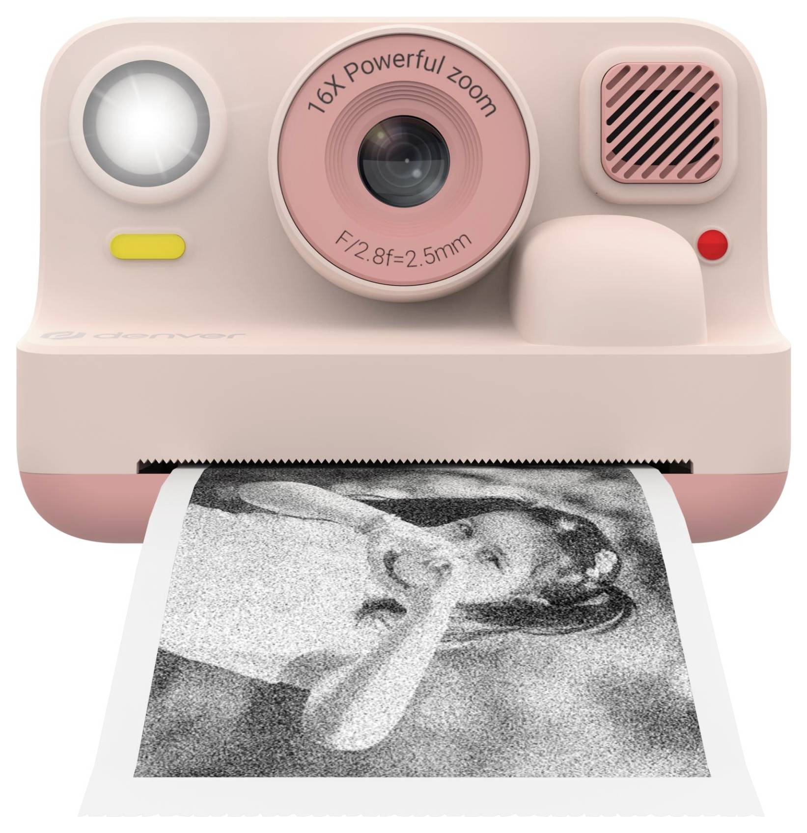 Růžový instantní fotoaparát tiskne černobílý portrétní snímek, s patrným bleskem, objektivem, reproduktorem a malými kontrolními světly.