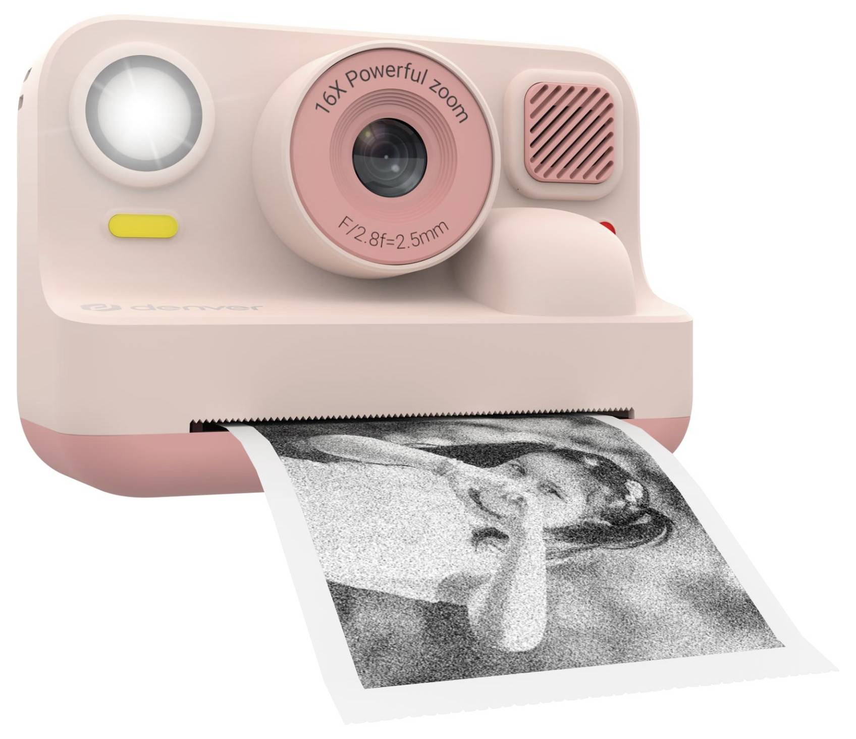 Růžový instantní fotoaparát vytiskující černobílou fotografii ze svého předního slotu.
