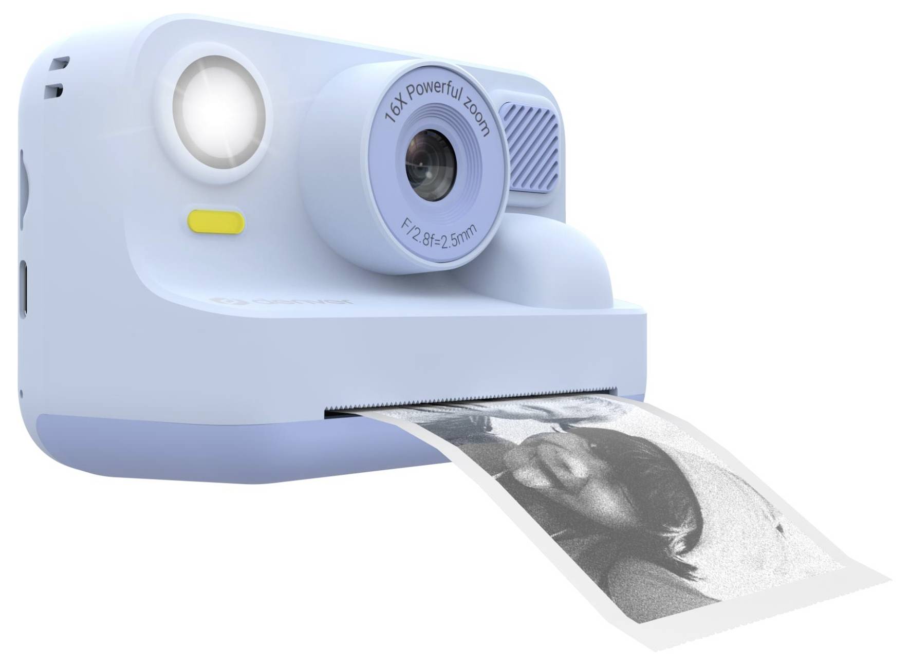 Světle modrý instantní fotoaparát tiskne černobílou fotografii s aktivovaným bleskem a čočkou označenou "16x silný zoom".