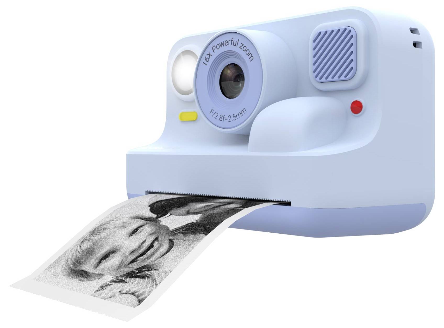 Světle modrý instantní fotoaparát tiskne černobílý pás fotografií usmívající se osoby na bílý papír.