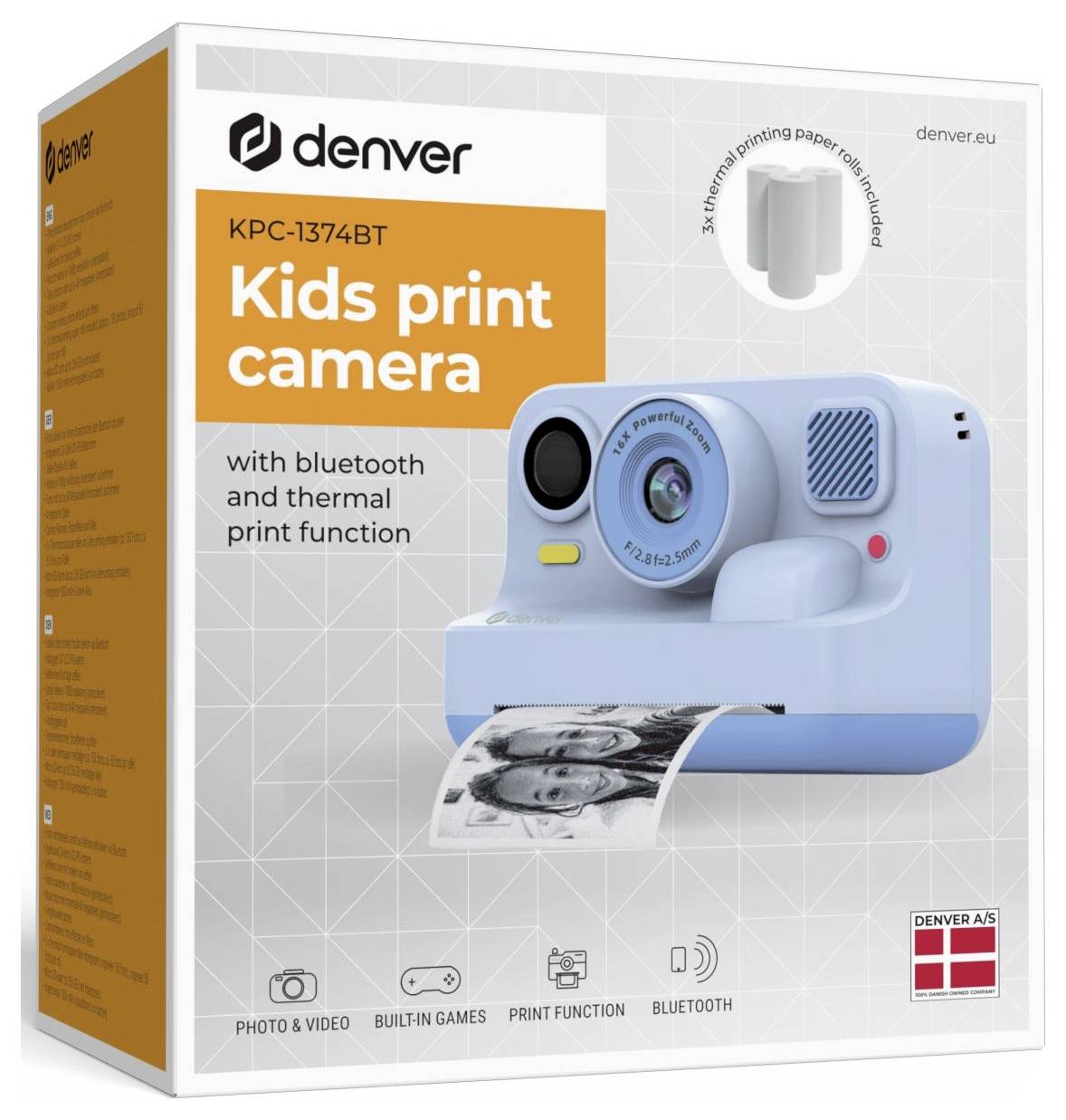 Krabice pro dětský fotoaparát Denver KPC-1374BT s tiskem a funkcí Bluetooth, na které je zobrazen modrý fotoaparát tiskující fotografii.
