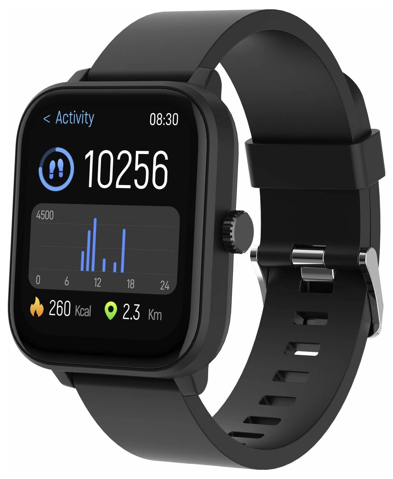 Černé chytré hodinky zobrazující sledování aktivity s 10 256 kroky, 260 Kcal, 2,3 km a malým sloupcovým grafem aktivity v 08:30.