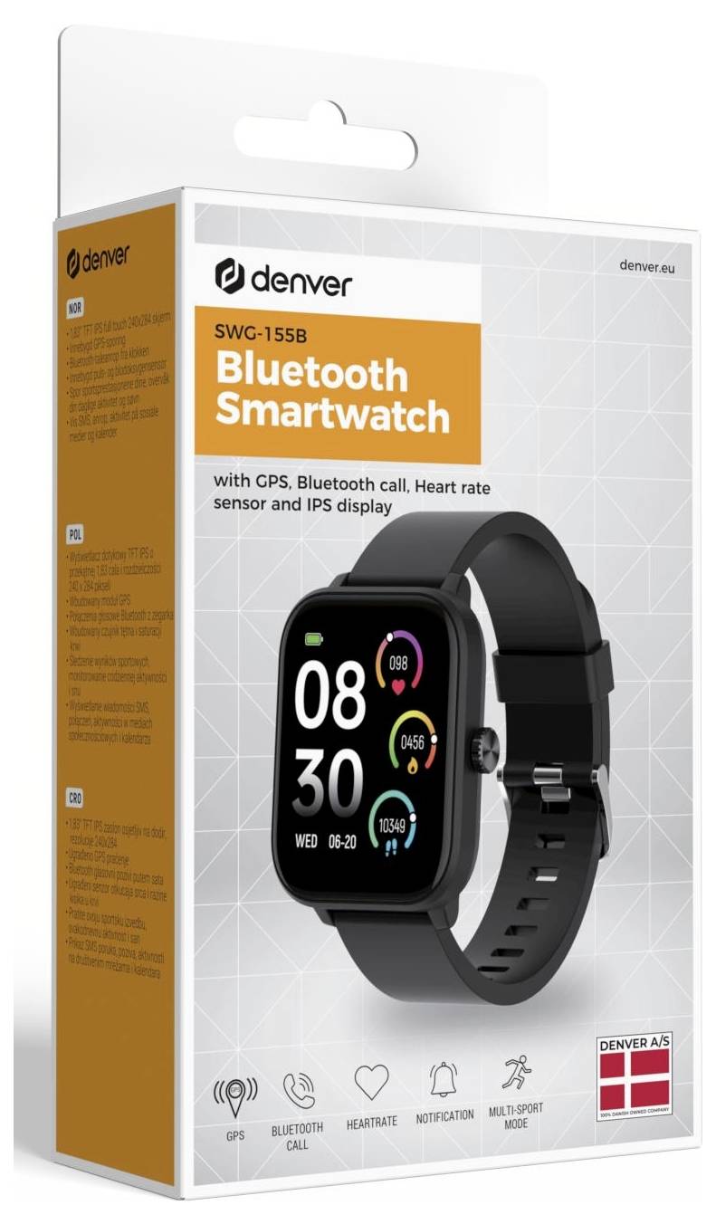 Denver SWC-155B Bluetooth chytré hodinky v krabici s černými čtvercovými chytrými hodinkami s ikonami volání, senzoru tepové frekvence, IPS displeje a GPS.