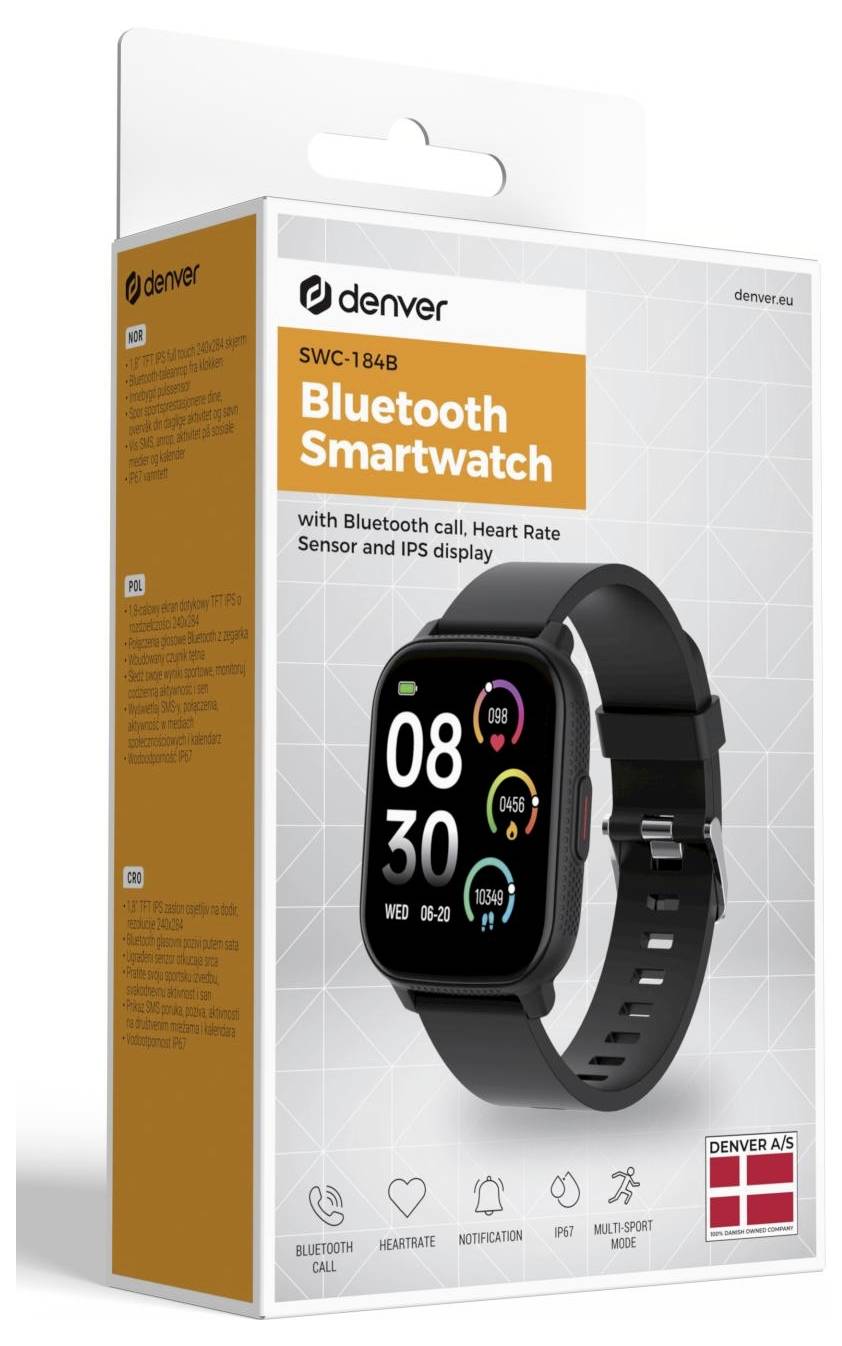 Balení pro chytré hodinky Denver SWC-184B s Bluetooth, zobrazující černé obdélníkové hodinky s funkcemi měření tepové frekvence, oznámení a ovládání hudby.