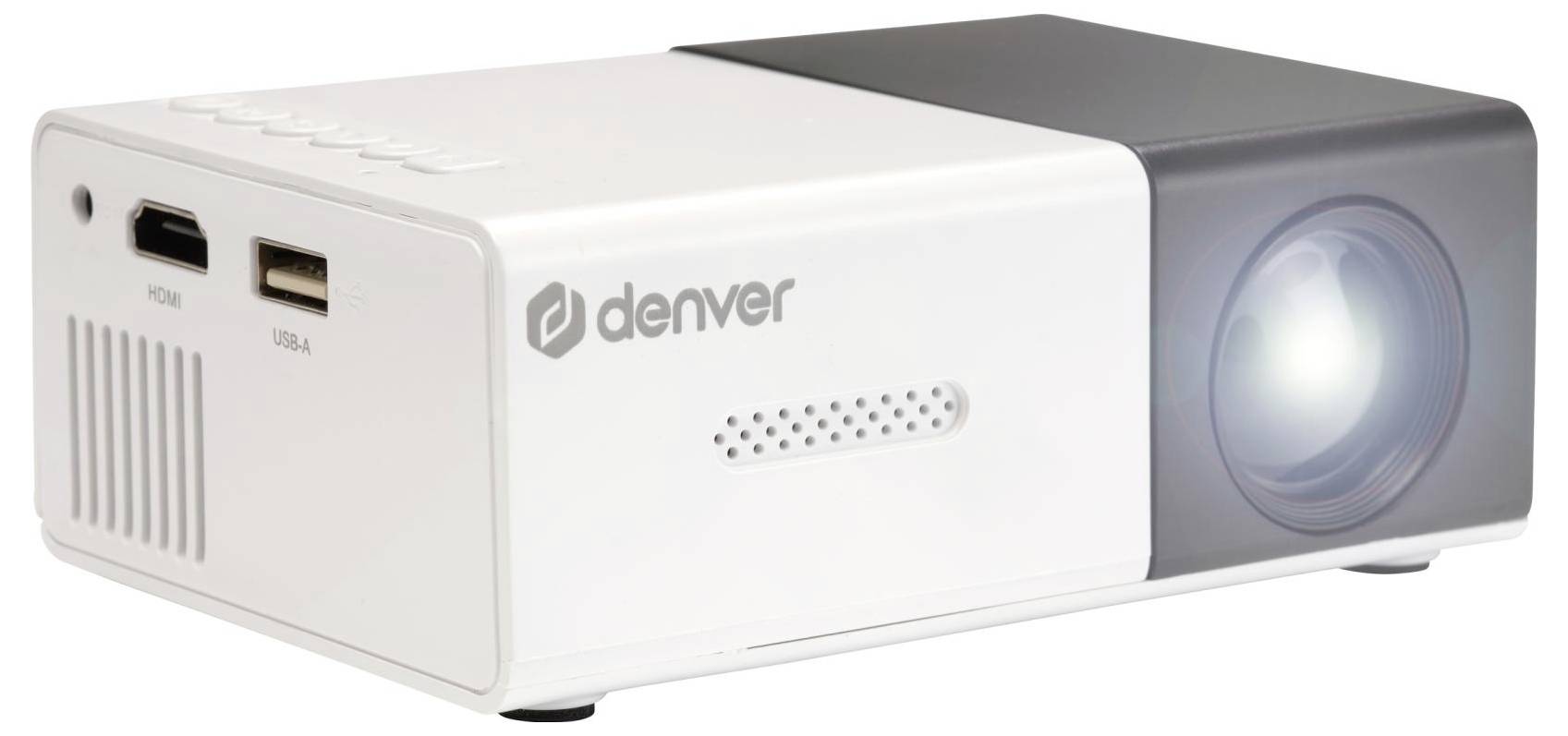 Bílý projektor Denver se čočkou na pravé straně, přední porty USB a HDMI, zobrazený na jednoduchém pozadí.
