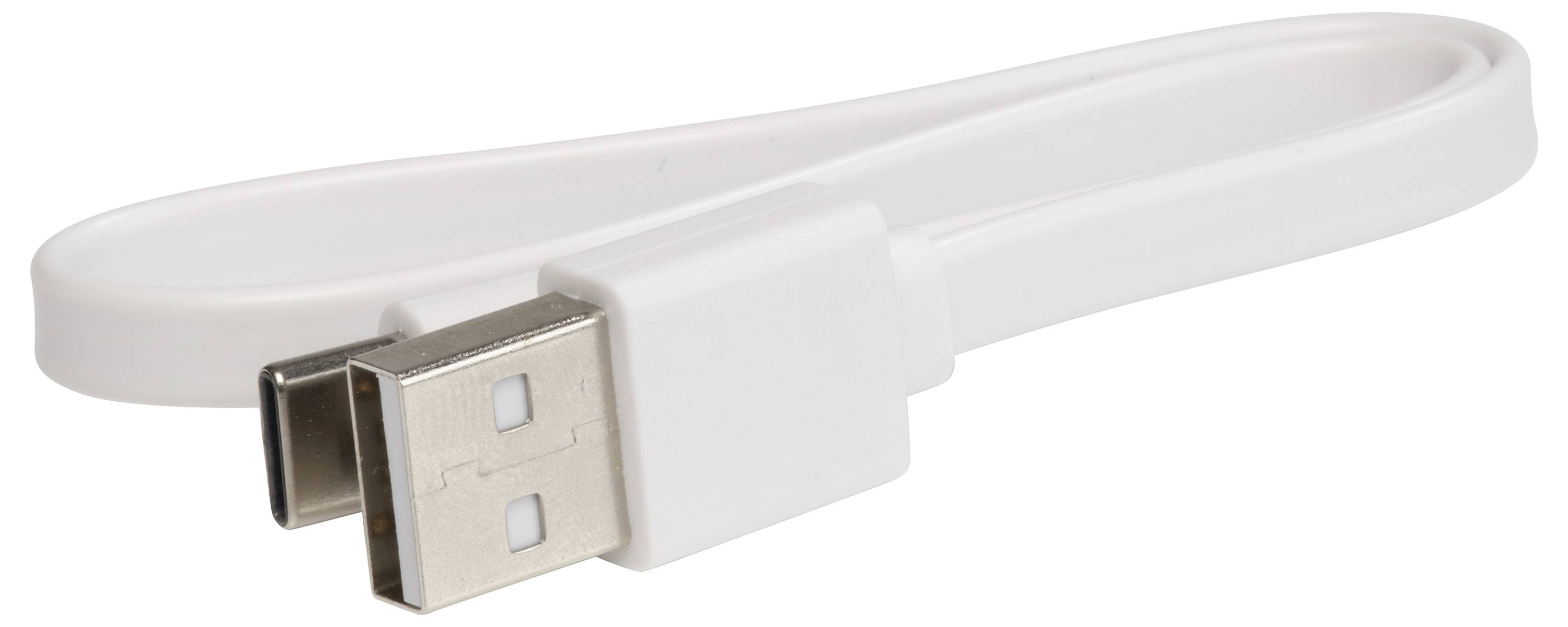 Bílý USB nabíjecí kabel se standardním konektorem USB-A a plochým smyčkovým kabelem na bílém pozadí.