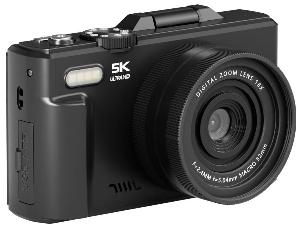 Černý kompaktní digitální fotoaparát s velkým zoomovacím objektivem označený "5K Ultra HD" a "Digital Zoom Lens 18X" na bílém pozadí