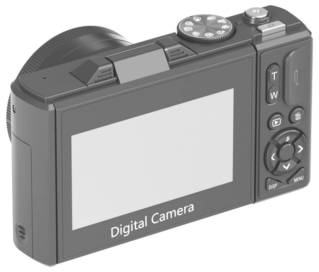 Zadní pohled kompaktního digitálního fotoaparátu s velkým displejem, ovládacími prvky přiblížení a směrovými tlačítky nabídky.
