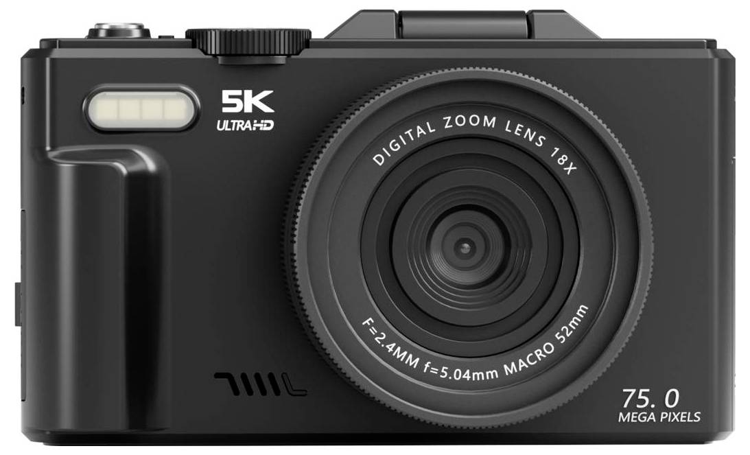Černý kompaktní digitální fotoaparát pohled zepředu označený '5K ULTRAHD', s 18x digitálním zoomem a textem '75.0 MEGA PIXELS'.