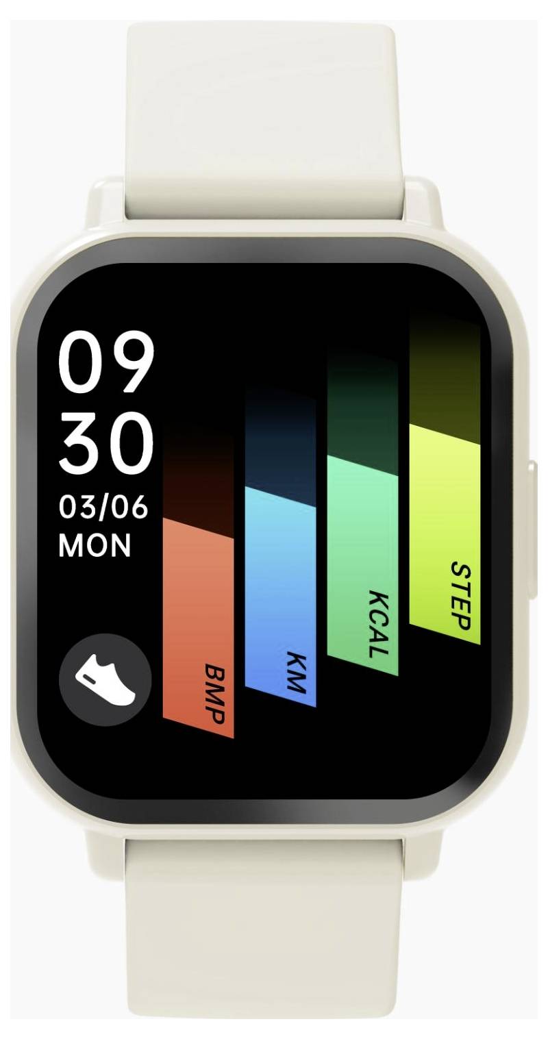 Obrazovka fitness hodinek zobrazující 09:30, 03/06 PO, a svislé pruhy aktivity pro BMR, KM, KCAL a KROK.