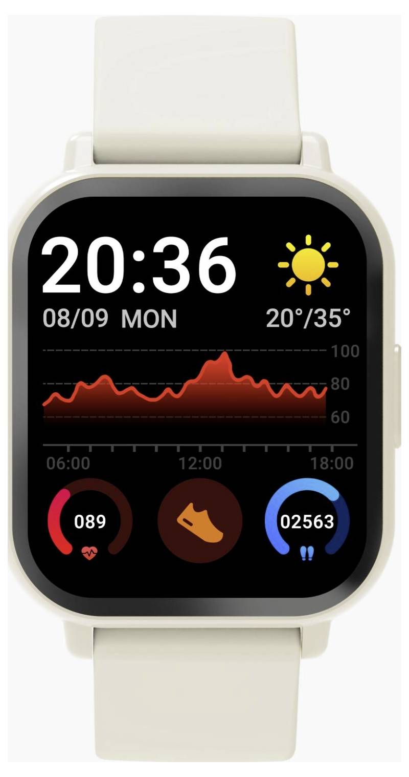 Domovská obrazovka chytrých hodinek zobrazující 20:36, datum 08/09 PO, slunečno 20°/35°, červený spojnicový graf a tři widgety aktivit.