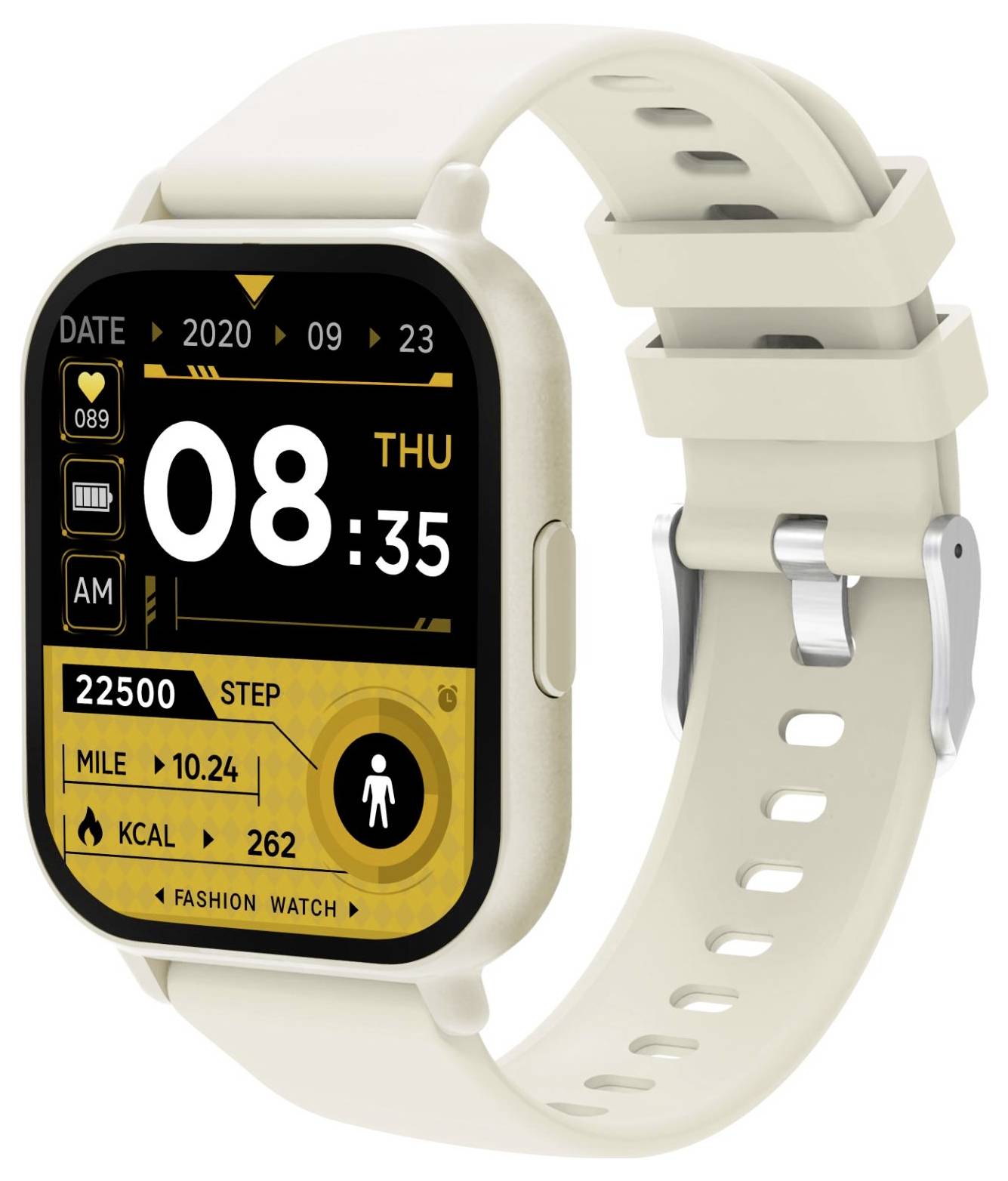 Krémově zbarvené čtvercové chytré hodinky s béžovým páskem, zobrazující digitální fitness interface s časem 08:35, datem 2020-09-23 a statistikou kroků, mil a kalorií.