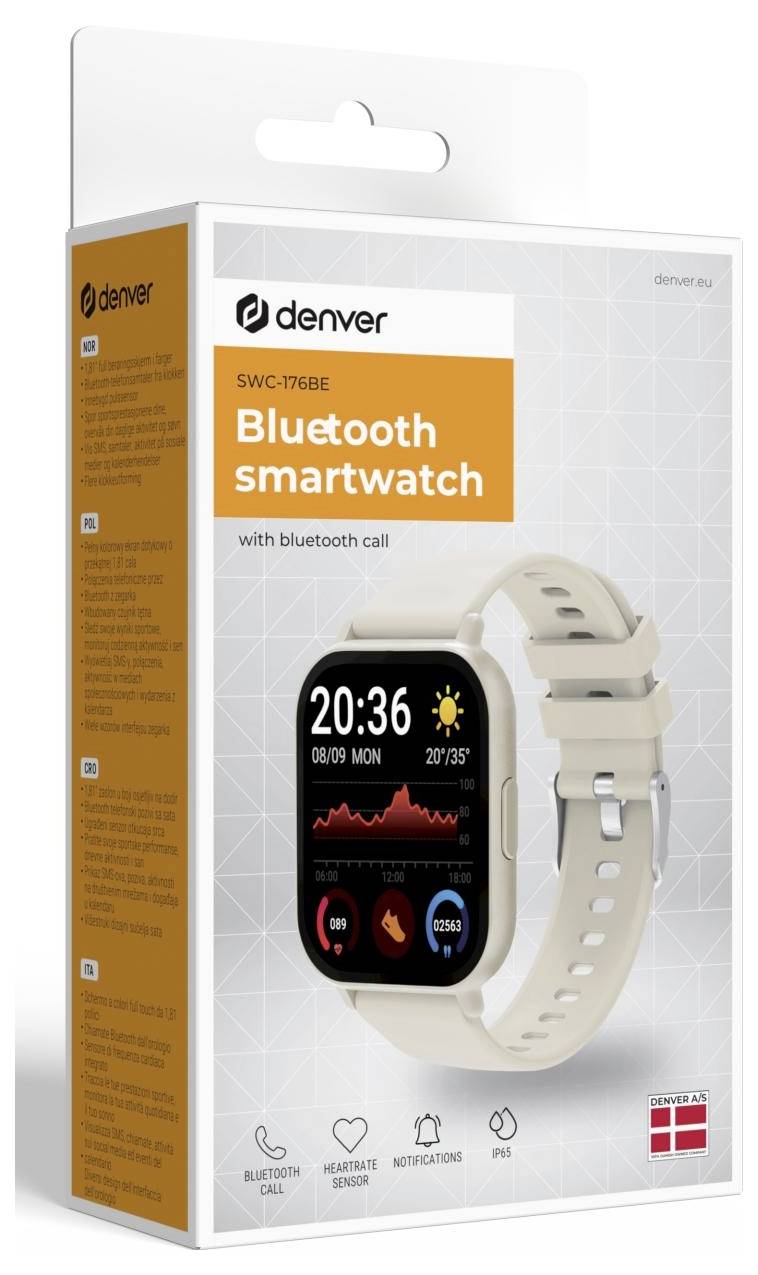 Balení pro chytré hodinky Denver SWC-176BE s Bluetooth a možností volání, zobrazující béžové hodinky a ikony funkcí na krabici.