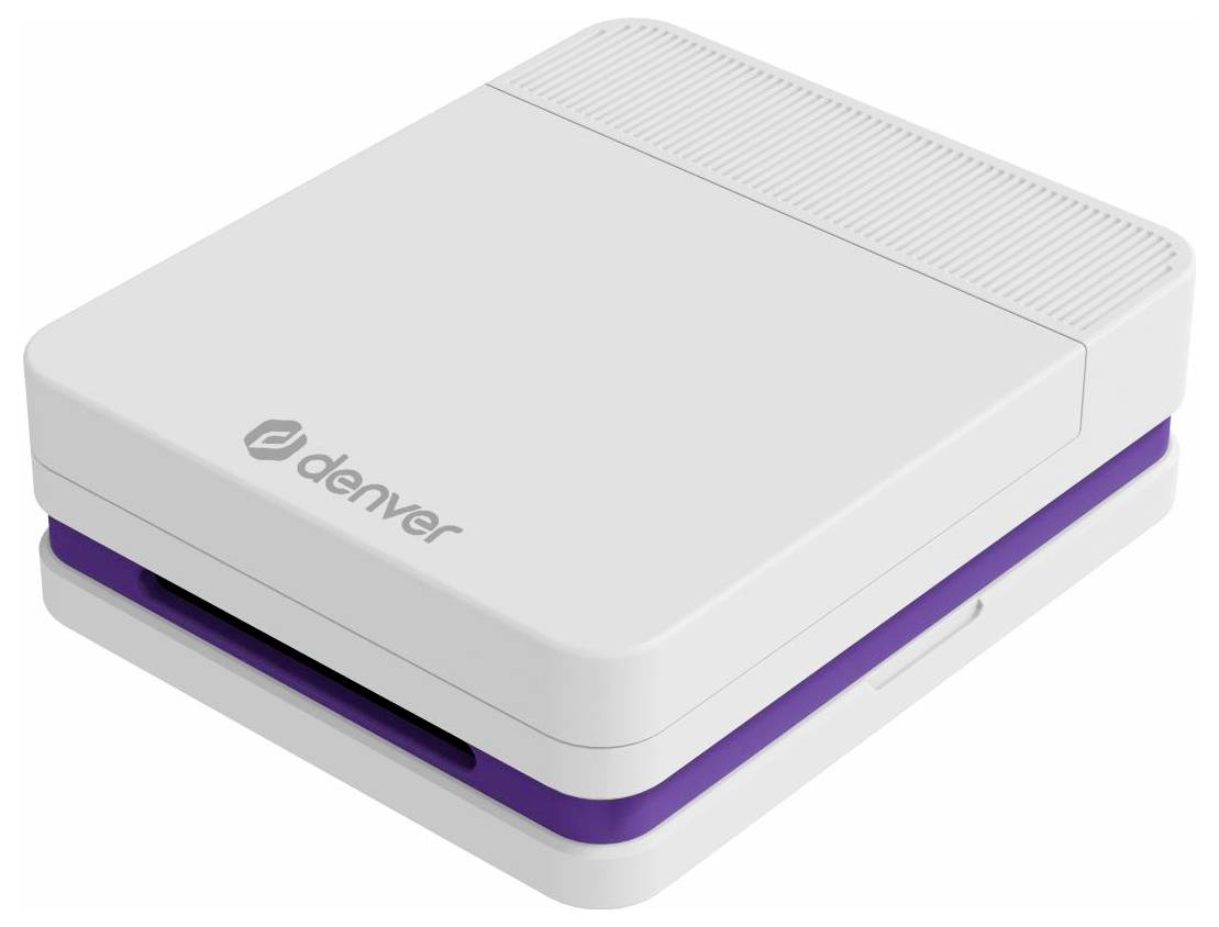 Bílé elektronické zařízení Denver se zaoblenými hranami, purpurovým páskem akcent a žebrovaným horním povrchem, zobrazené v tříčtvrtinkovém pohledu na bílém pozadí.