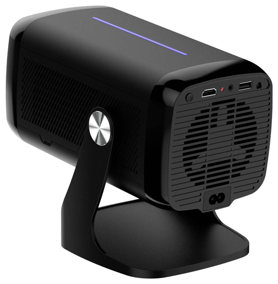Černý válcový přenosný reproduktor se stojánem, přední mřížkou, porty USB a audio a modrým světelným páskem nahoře.