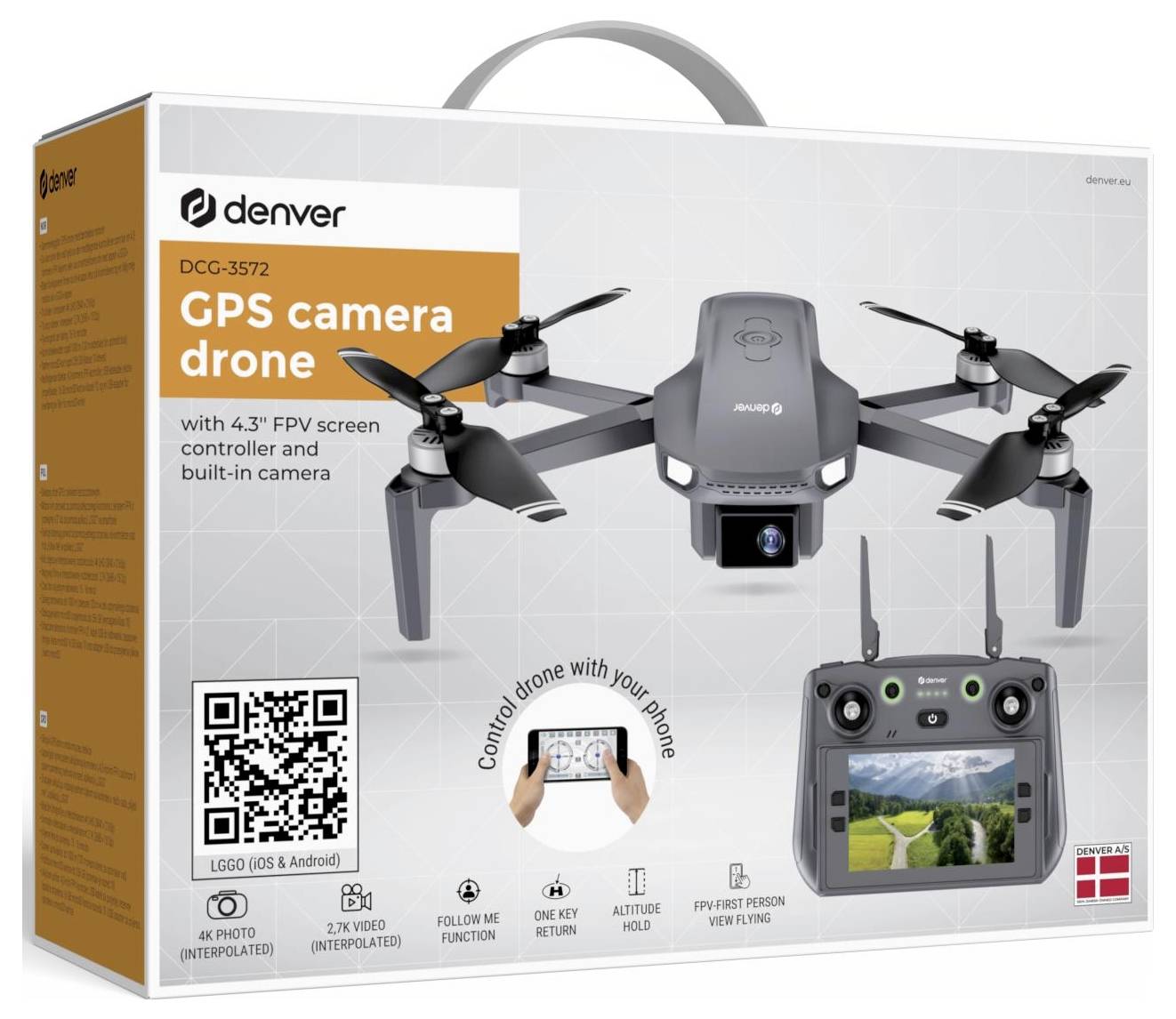 Dever GPS kamerový dron v krabici zobrazující dron, ovladač s FPV obrazovkou a vlastnosti produktu včetně 4K fotografií a 2,7K videa.
