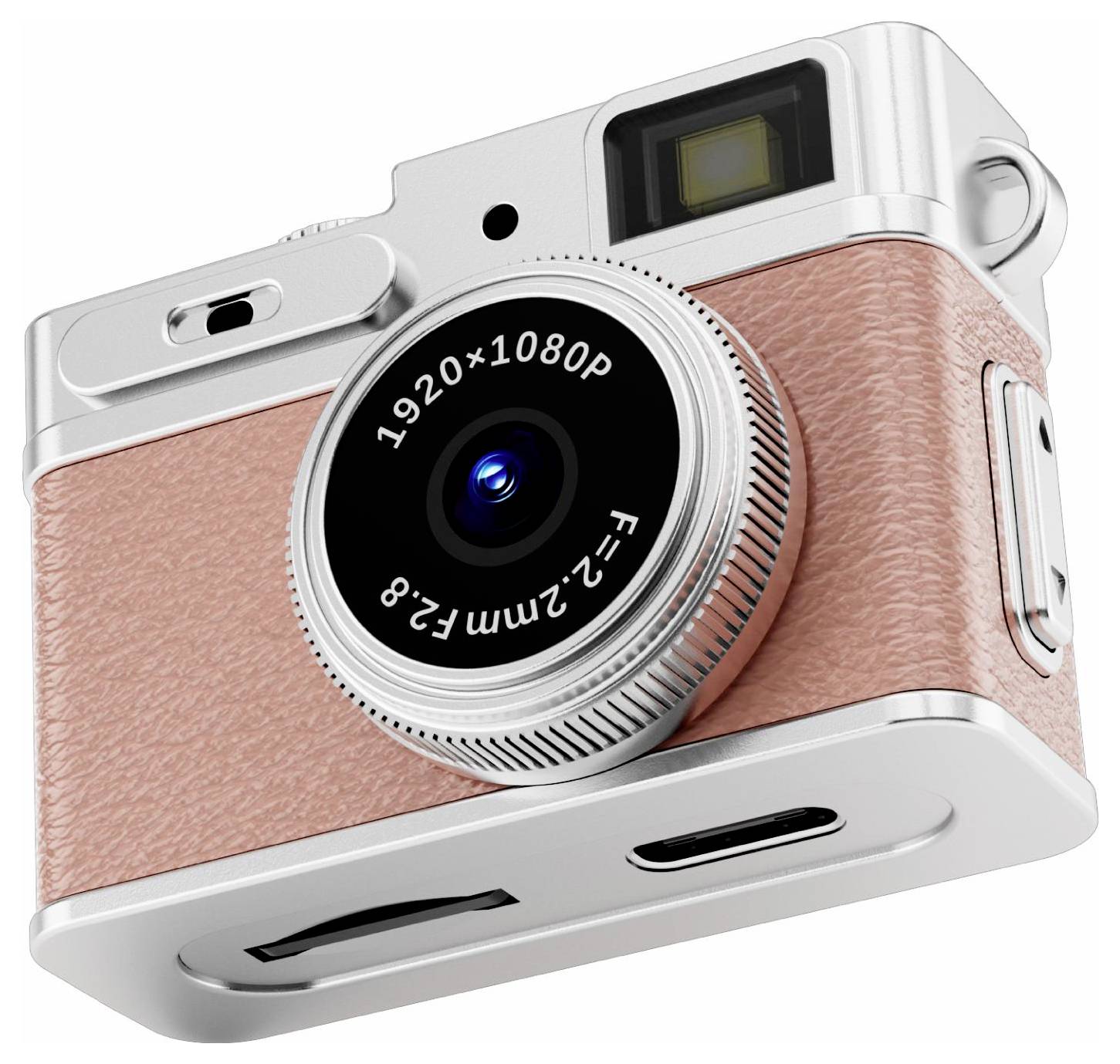 Růžový digitální fotoaparát ve vintage stylu se stříbrným třídílným lemem a velkým objektivem označeným '1920x1080P' a 'F=2.2mm F2.8' na bílém pozadí.