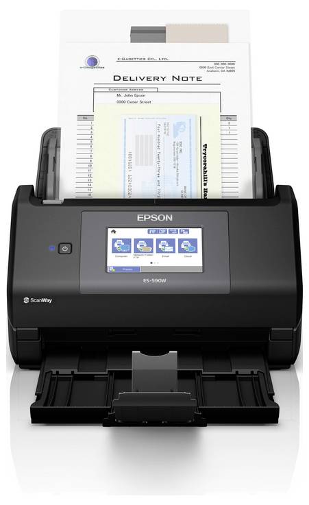 Přední pohled na skener Epson se zásobníkem na papír obsahujícím dokument označený „DODACÍ LIST" a zobrazeným na jeho dotykové obrazovce.