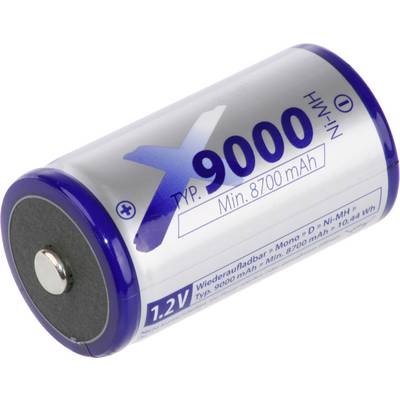 Detailní záběr na bílou a modrou nabíjecí baterii Ni-MH 1,2V s označením "X 9000" a "Min. 8700 mAh".