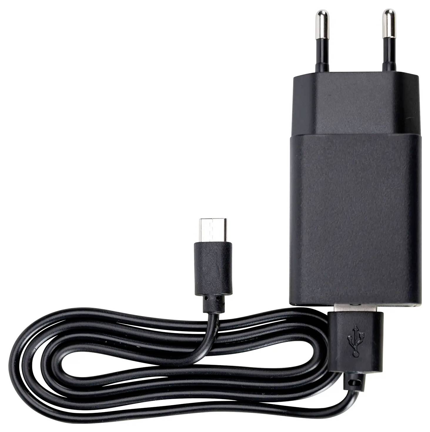 Černá nástěnná nabíječka USB-C se dvěma kulatými zásuvkami evropského typu a stočeným nabíjecím kabelem připojeným ke konektoru USB-C.