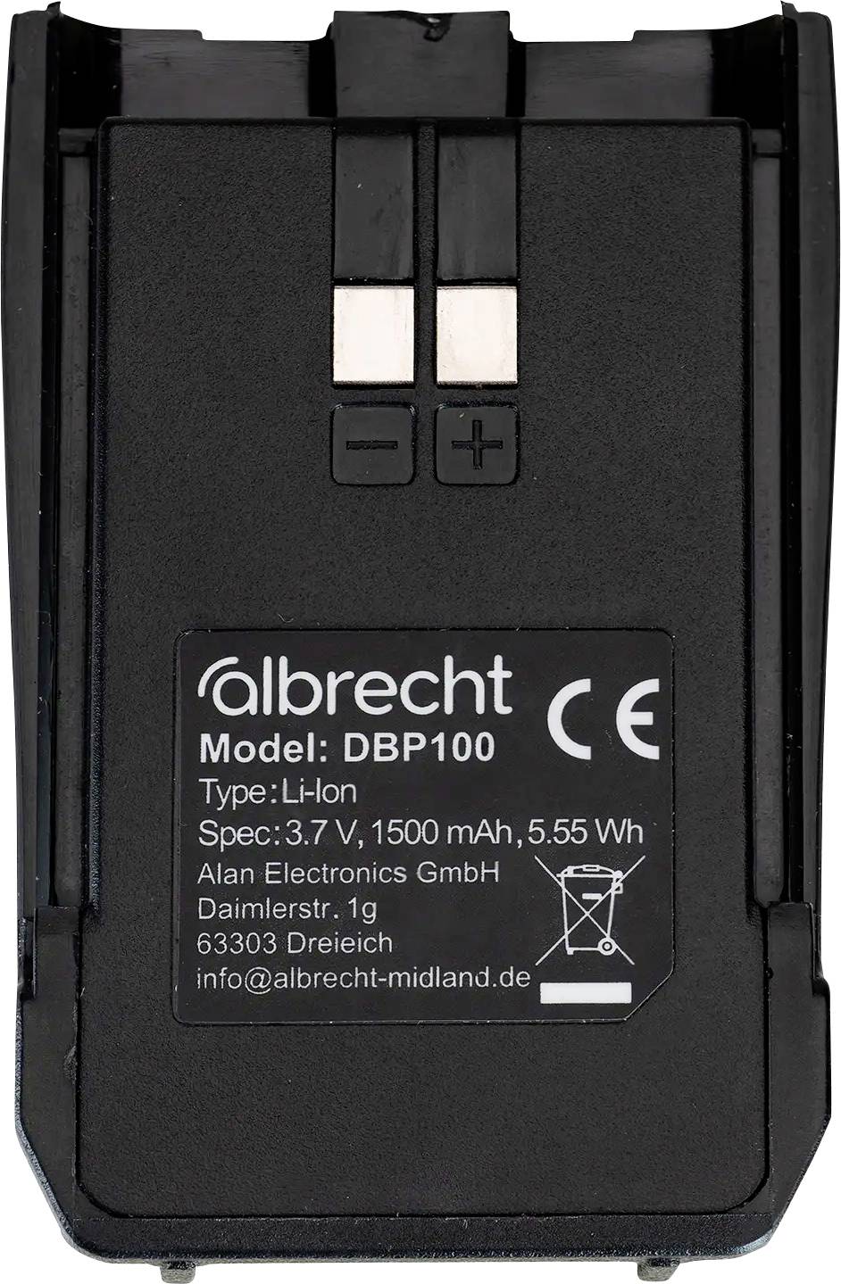 Lithiová baterie Black Albrecht DBP100 Li-ion se svorkami + a -, označená 3,7V, 1500 mAh, 5,55 Wh.