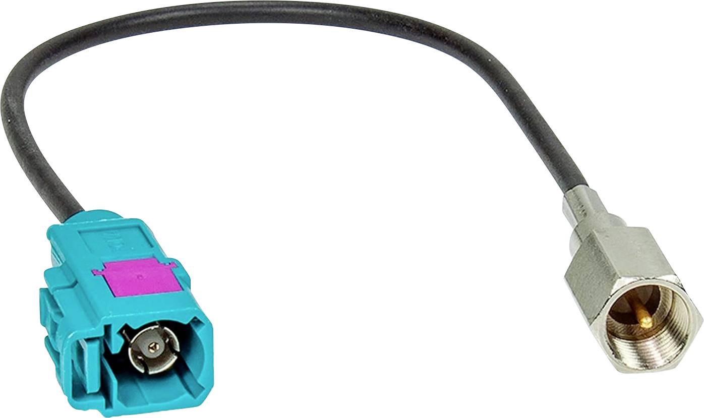 Koaxiální adaptérový kabel s tyrkysovým konektorem na jednom konci a závitovým kovovým koaxiálním jackem na druhém konci.