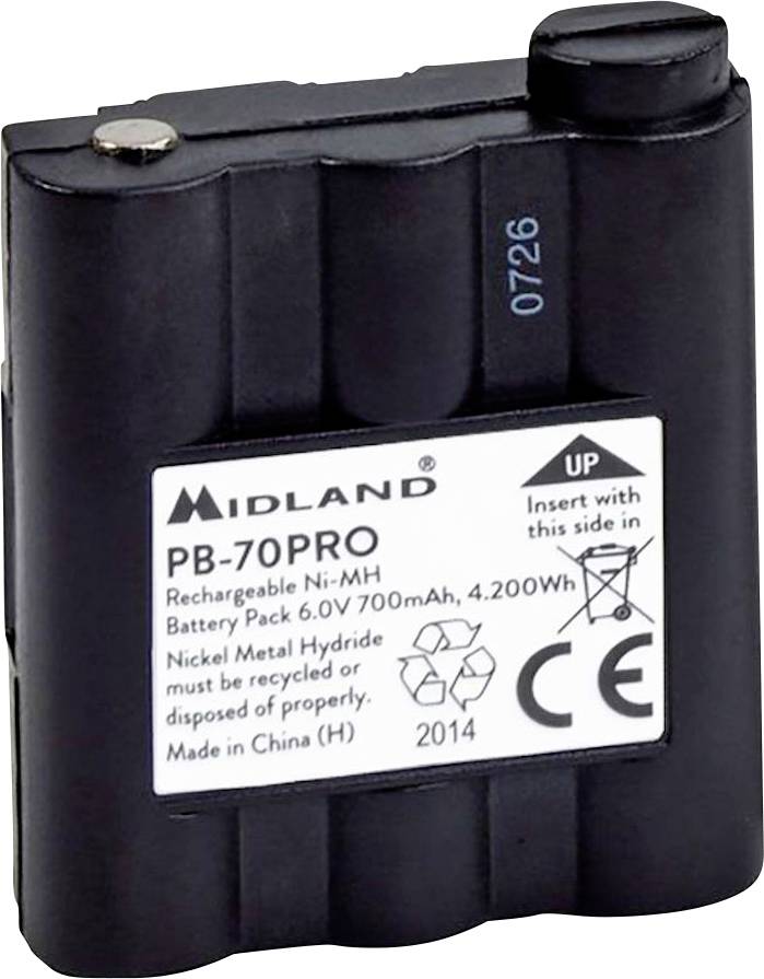 Černá baterie Midland PB-70PRO s nabíjecí technologií Ni-MH, štítek zobrazující 6,0V 700mAh a recyklační symboly.