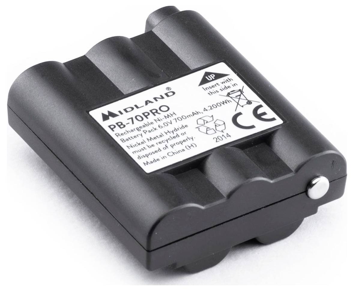 Černý akumulátor Black Midland PB-70PRO typu Ni-MH s nálepkou ukazující kapacitu 6,0V, 700mAh.