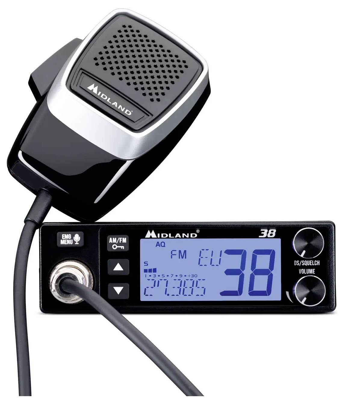 Midland CB rádio s ruční mikrofonem, modrým digitálním displejem zobrazujícím kanál 38 a režim FM, s ovládáním hlasitosti a tlumení šumu.