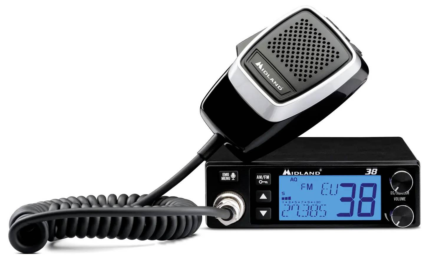 CB radiostanice s ruční mikrofonem, kroucená přívod a modře osvětlený displej zobrazující kanál 38 a režim FM.