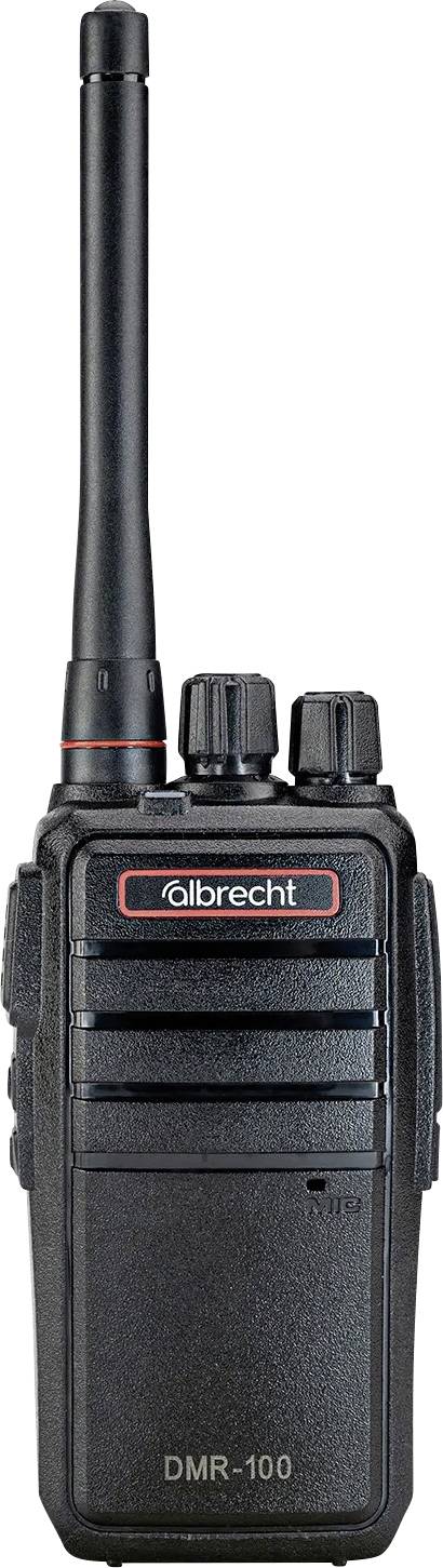 Ruční obousměrná radiostanice Black Albrecht DMR-100 s dlouhou anténou a dvěma horními tlačítky na bílém pozadí.