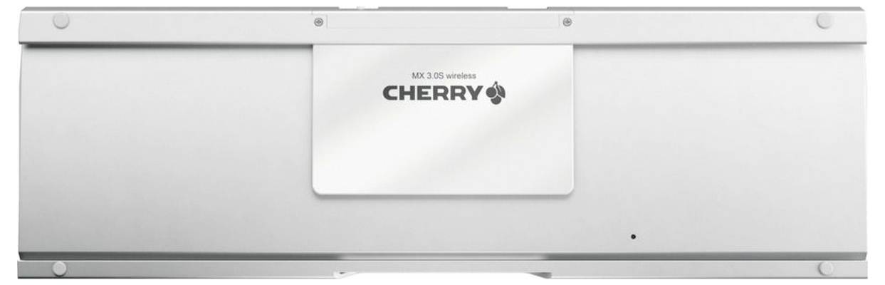 Stříbrná klávesnice CHERRY zobrazená shora s logem CHERRY uprostřed na zadní straně a viditelným štíhlým profilem.