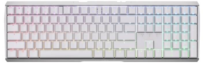 Kompaktní bílá mechanická klávesnice se RGB podsvícením a numerickou klávesnicí, zobrazující pastelové barevné přechody osvětlení přes klávesy.