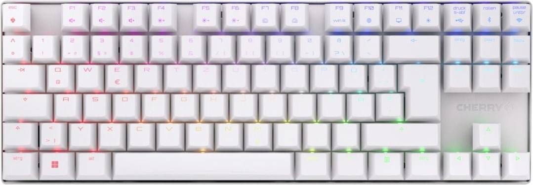 Bílá mechanická klávesnice s RGB podsvícením, fotografována shora na světlém pozadí.