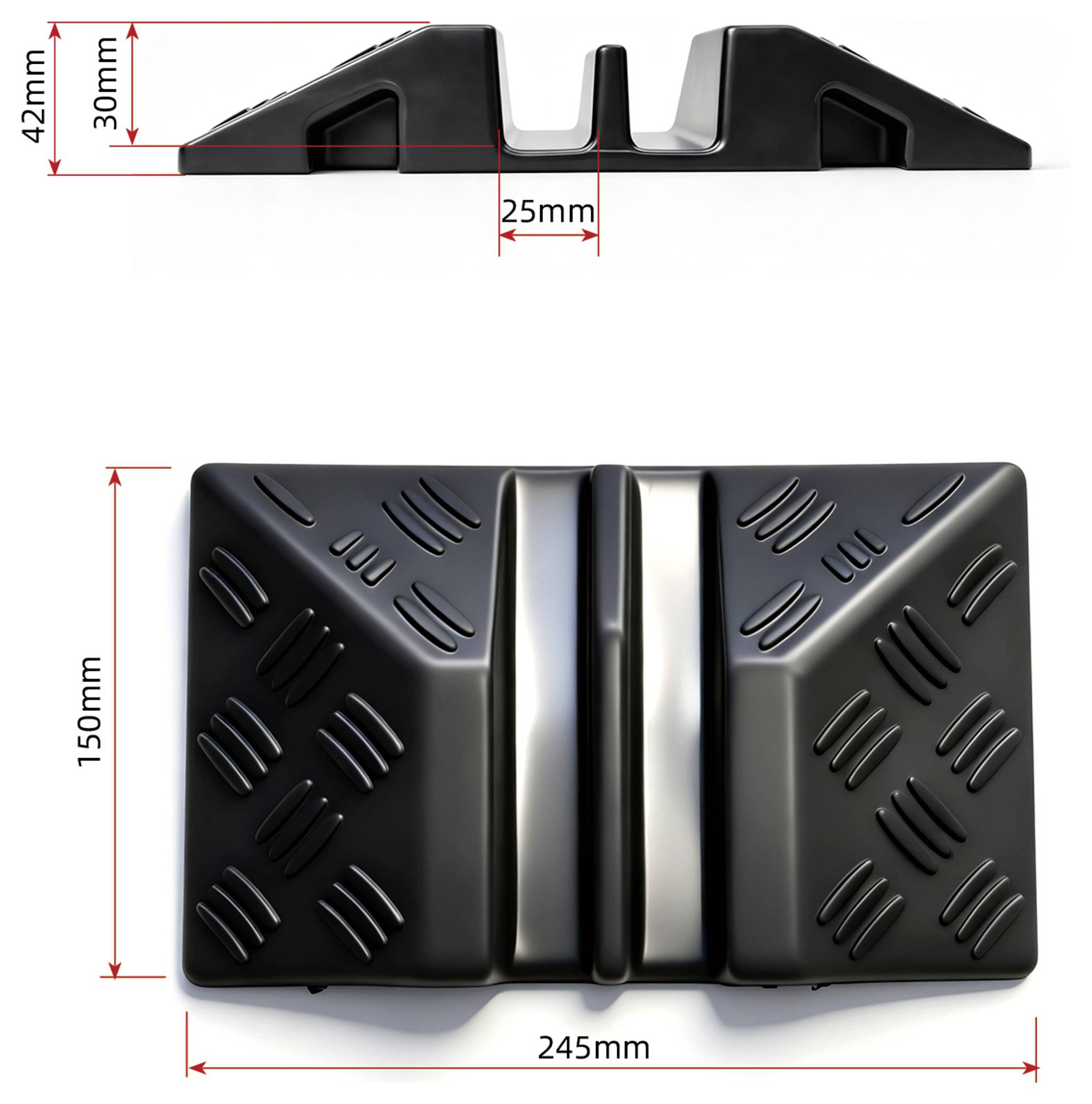 Schematický nákres s rozměry černého gumového přejezdového pásu/zpomalovacího pásu: šířka 245 mm, délka 150 mm, výška 42 mm, výška strany 30 mm, šířka kanálu 25 mm.