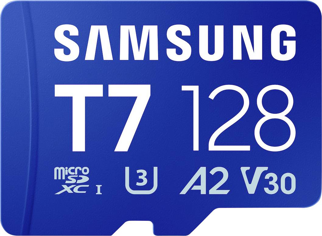 Samsung T7 128GB microSD karta, modrý štítek s hodnotami rychlosti A2 a V30.