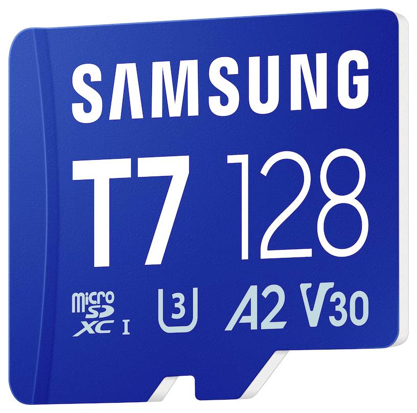Modrá Samsung T7 128GB microSD karta s rychlostními hodnotami U3, A2 a V30
