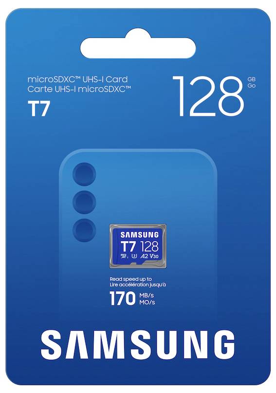 Balíček paměťové karty Samsung 128GB T7 microSDXC v modré barvě, zobrazující obrázek karty a značku 'SAMSUNG' s textem o rychlosti '170 MB/s'.