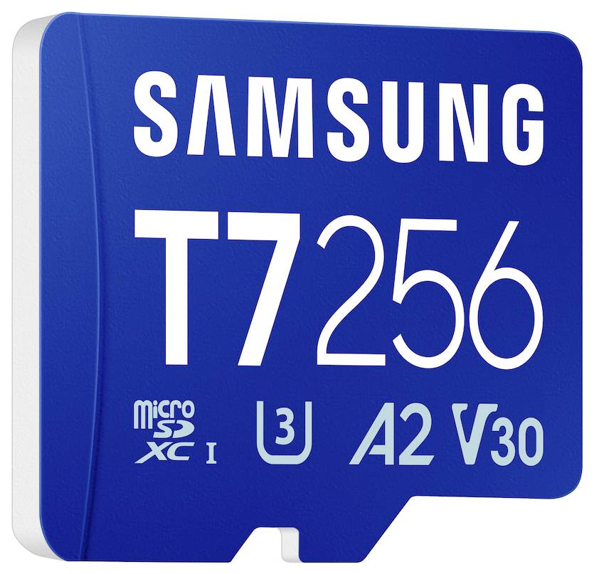 Modrá microSD karta Samsung T256 označená 3, A2, V30, zobrazená v přední pohledu na bílém pozadí.