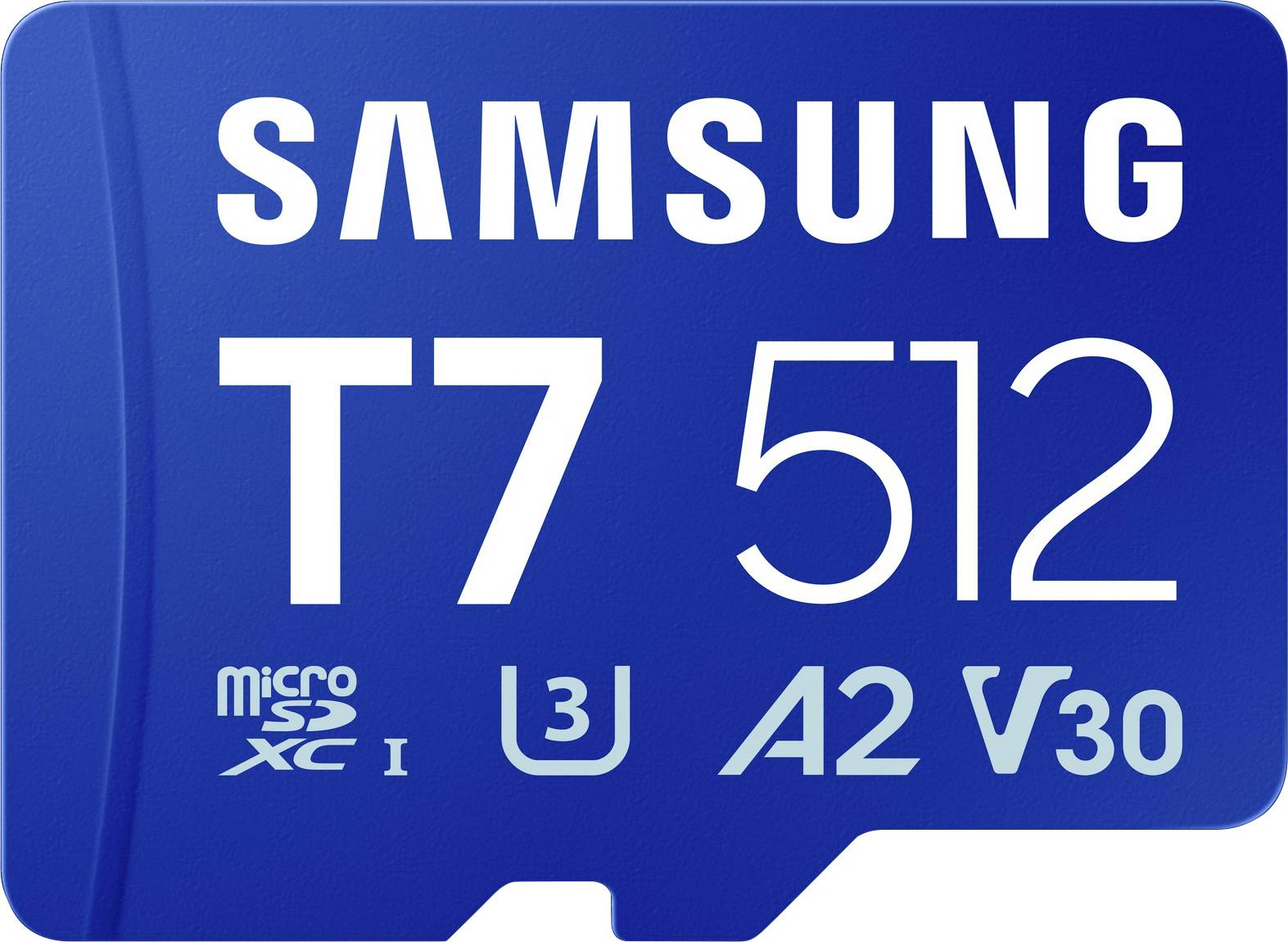 Modrá Samsung T7 512GB microSD karta s hodnocením rychlosti U3, A2 a V30.