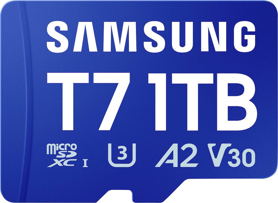Samsung T7 1TB modrá karta microSD s označením rychlostních tříd U3, A2 a V30.