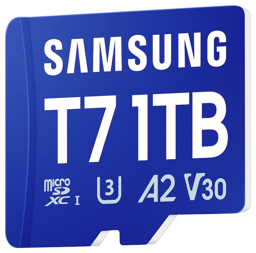 Samsung 1TB microSD paměťová karta označená "T7 1TB" s rychlostními třídami A2 a V30 na modrém balení