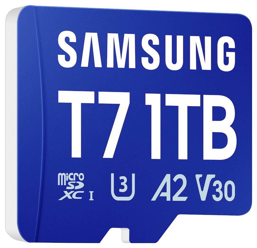 Modrá Samsung 1TB paměťová karta microSD se značkami třídy rychlosti 'U3', 'A2' a 'V30'