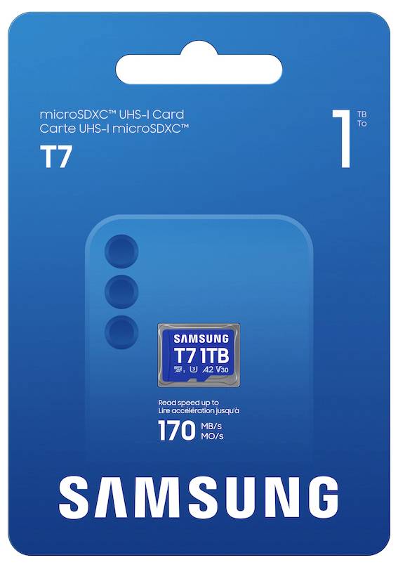 Samsung T7 1TB microSDXC UHS-I karta v balení v modré barvě s tvrzením rychlosti "170 MB/s".