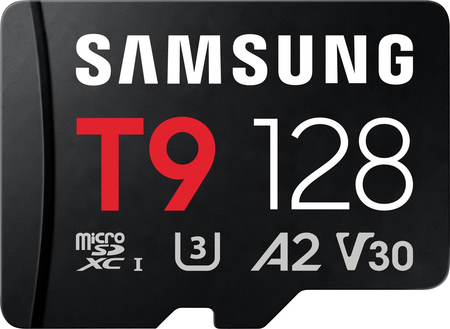 Samsung T9 128GB microSD karta s hodnoceními rychlosti A2, U3 a V30 zobrazenými na štítku.