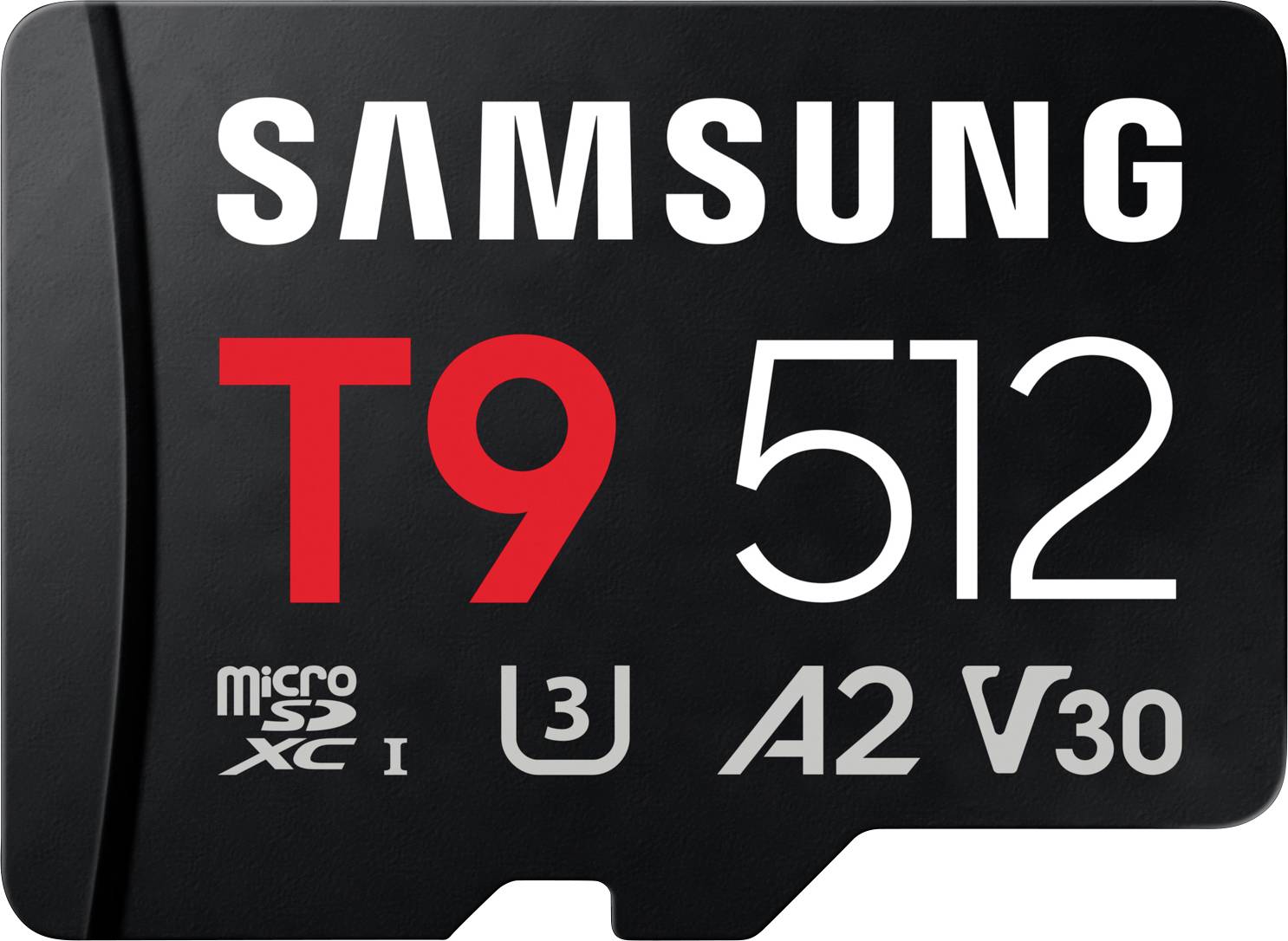 Samsung T9 512GB microSD karta zobrazená na černém štítku s rychlostními hodnotami U3, A2 a V30.