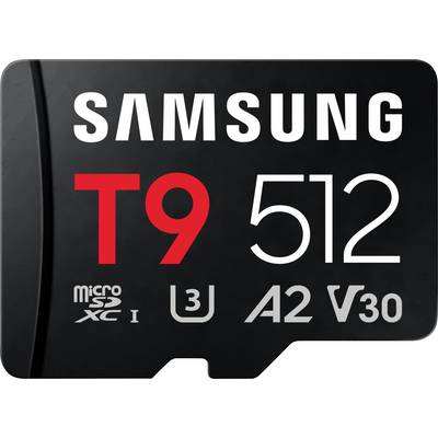 Samsung T9 512GB microSD karta zobrazená na černém štítku s rychlostními hodnotami U3, A2 a V30.