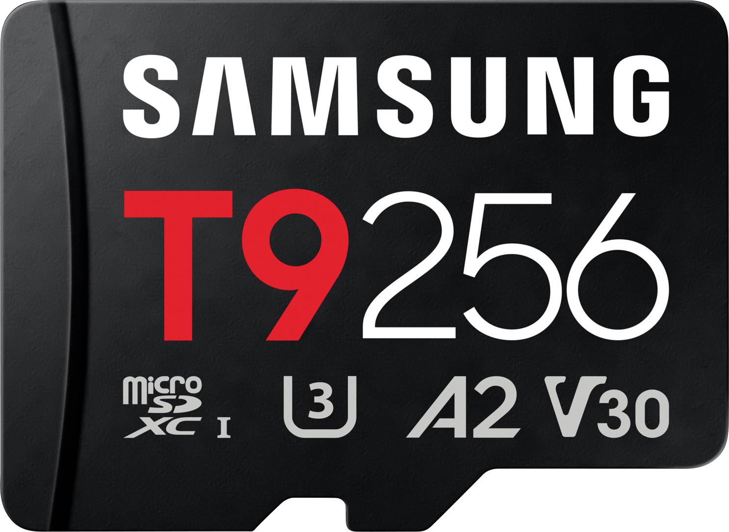 Samsung T9 256 GB microSD karta, zobrazující rychlostní hodnocení U3, A2 a V30.