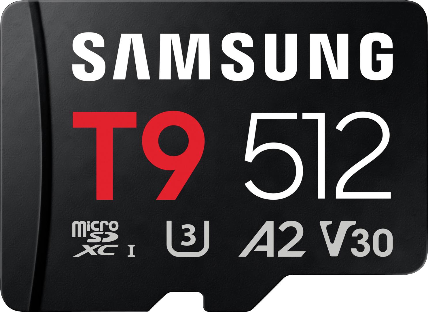 Štítek karty Samsung T9 512GB microSD zobrazující rychlostní klasifikace U3, A2 a V30.