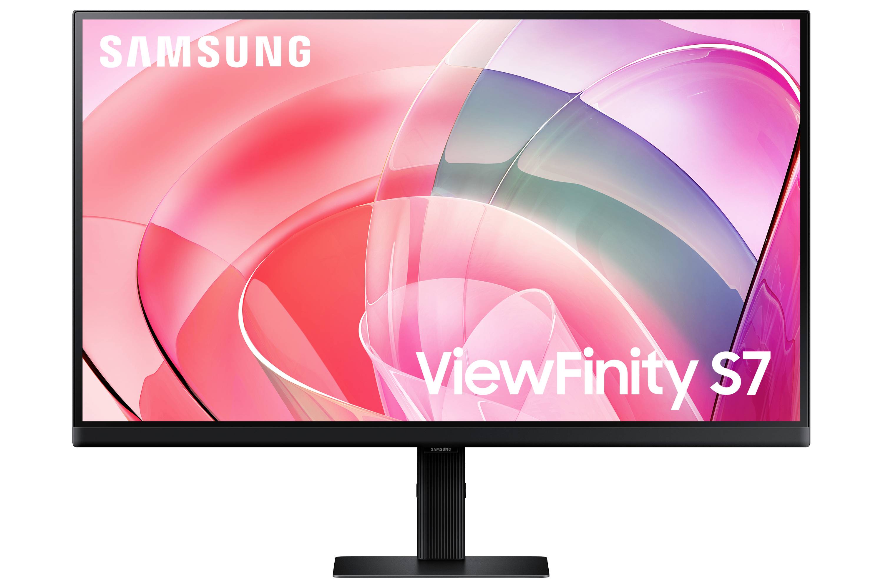 Samsung ViewFinity S7 monitor s růžovým abstraktním zobrazením na stojanu